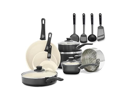GreenLife 16 Piece Nonstick Cookware Set, Soft Grip Non-Toxic PFAS-Free Ceramic Pots & Pans, Dishwasher & Oven Safe, Frying, Sauce, Utensils, Glass Lids, Stay-Cool Handles, Wobble Free, Black & Cream