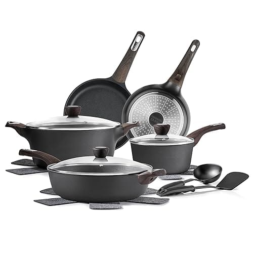 SENSARTE Pots and Pans Set Non stick, Non toxic Healthy Induction Cookware Sets, 14 Pcs Non Stick Kitchen Cooking Set with Frying Pans Set & Saucepan, PFOA PFOS APEO Free, Black