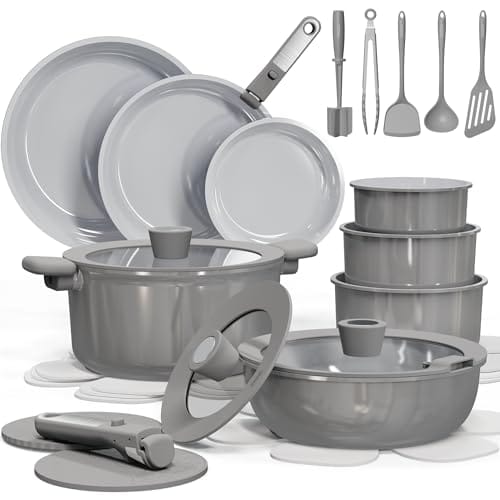 CAROTE 27pcs Ceramic Cookware Set Nonstick, Pots and Pans Set Non stick, Non Toxic Cookware, Dishwasher/Oven Safe, RV/Camping Cookware Set, Pan and Pot with Kitchen Utensils, Dark Gray