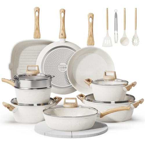 Bazova 24 Pcs Pots and Pans Set, Non Stick Ceramic Cookware Set with 3 Stockpots, Healthy Non-Toxic, Large Capacity, Induction Compatible, PFAS/PTFE/PFOA Free, Cream White