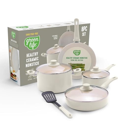 GreenLife 8 Piece Nonstick Cookware Set, Non-Toxic PFAS-Free Ceramic Pots & Pans, Dishwasher & Oven Safe, Frying, Sauce, Stock Pot, Glass Lids, Stay-Cool Handles, Wobble Free, Cream